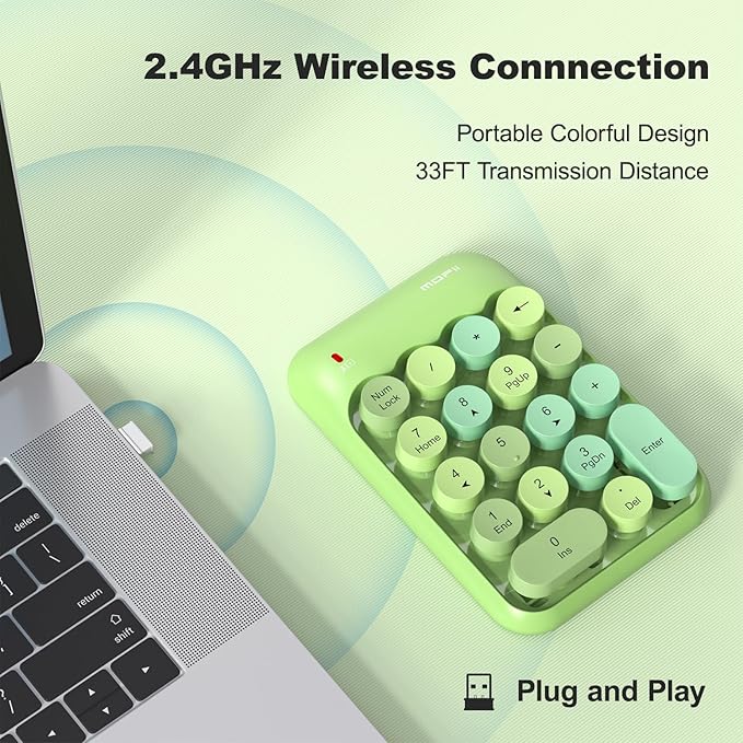 Wireless Number Pads, Cute Colorful Numeric Keypad Numpad Portable 2.4 GHz Financial Accounting Number Keyboard Extensions, 18 Key Number Numpad for Laptop Desktop, PC (Green Colorful)