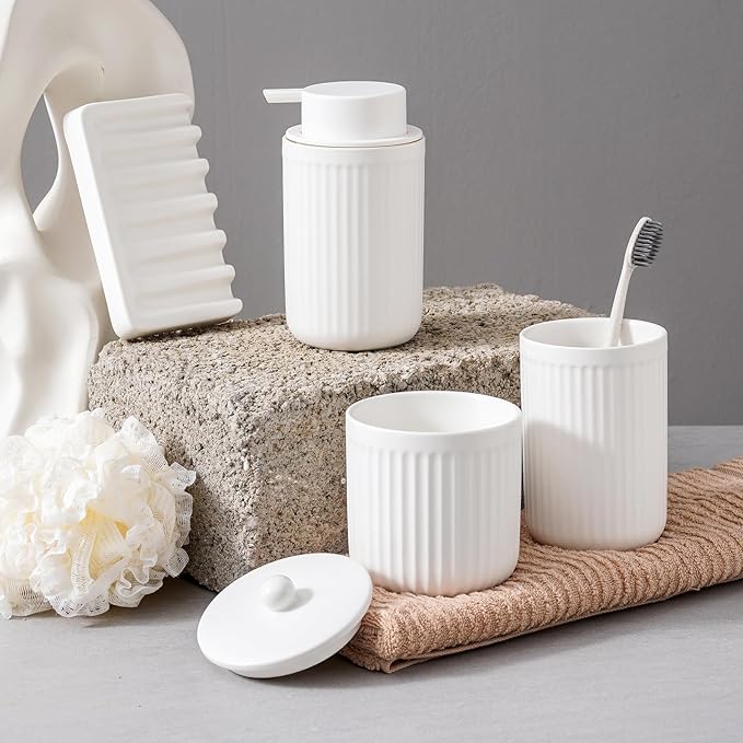 Ceramic Bathroom Accessories Set,Foam Soap Dispenser and Toothbrush Holder Set, Soap Dish, Apothecary Jars,Rustic Farmhouse Decor, Bathroom Home Decor (White Set, Foam)