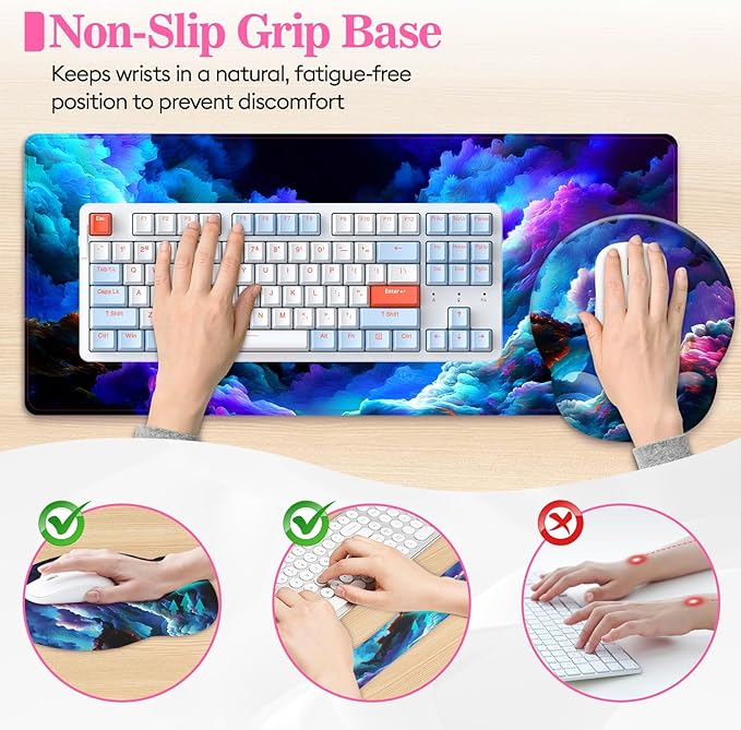Long Mouse Pad XXL,Ergonomic Desk Mat Gaming Set,Keyboard Wrist Support Rest Mouse Pad Suitable for Office and Home (XXL Cotton Clouds)