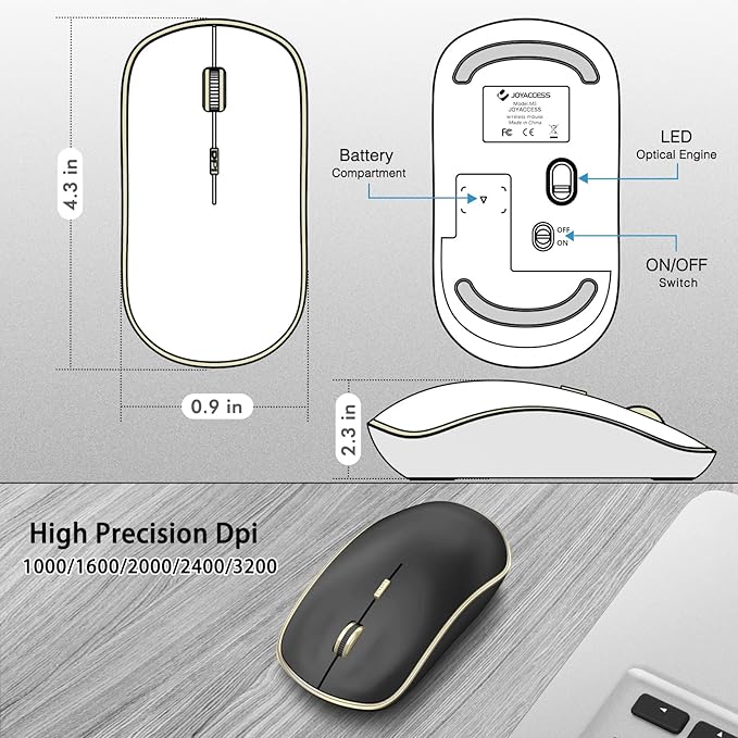 JOYACCESS Silent Wireless Mouse, Portable USB Mouse with 5 Adjustable DPI Levels for Desktop, Notebook, MacBook, Chromebook, PC (Black Gold)