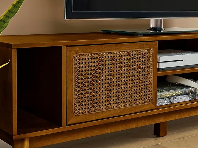 LKTART 68 Inch Mid Century Modern TV Stand with Rattan Doors, MCM Entertainment Center Media Console for 60/65/70/75 inch TVs, Long Boho Television Stand for Living Room, Light Walnut