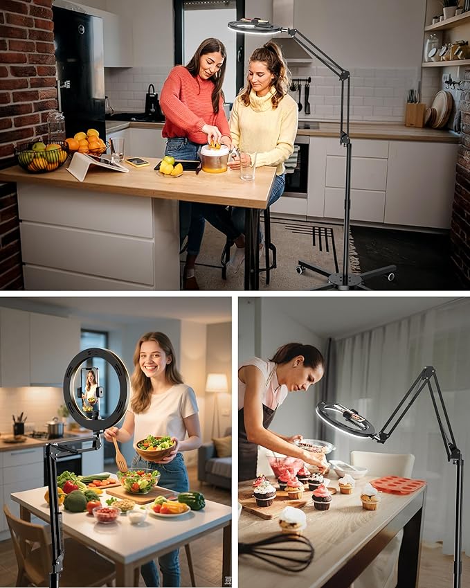 LUXSURE Ring Light Tripod for iPhone with Light,Overhead Camera Mount with Casters,Ring Light with Stand and Phone Holder for Video Recording,Phone Tripod with Light for Live Streaming/Cooking