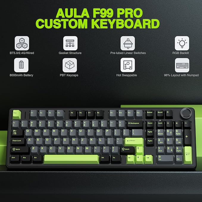 AULA F99 Pro Wireless Mechanical Keyboard with Knob,Creamy Sound,Tri-Mode BT5.0/USB-C/2.4GHz Hot Swappable Keyboard,Gasket Structure,RGB Backlit Computer Gaming Keyboards