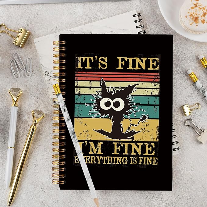 It's Fine I'm Fine Everything is Fine Funny Notebook, Black Cat Notebook Journal, Funny Journals for Women, Cat Lover Gifts for Women, Cat Mom Gifts, Cat Office Supplies, 5.5x8.3 Inch