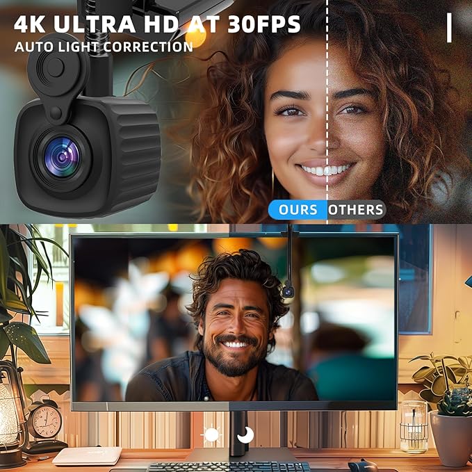 Webcam 4K Eye Center Cam Middle Autofocus Flexible Gooseneck Arm Center Camera Noise-Canceling Mic, USB Plug-and-Play & Privacy CoverZoom/Teams for PC Conferencing, Home Office Work, Remote Calls