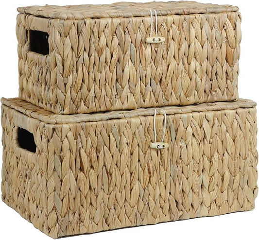 Set of 2 Wicker Basket with Lid, Rectangular Water Hyacinth Storage Baskets for Organizing, Decorative Woven Basket Bins Boxes for Organizing Home (14.2" x 9.4" x 7" + 12.2" x 7.8" x 6")