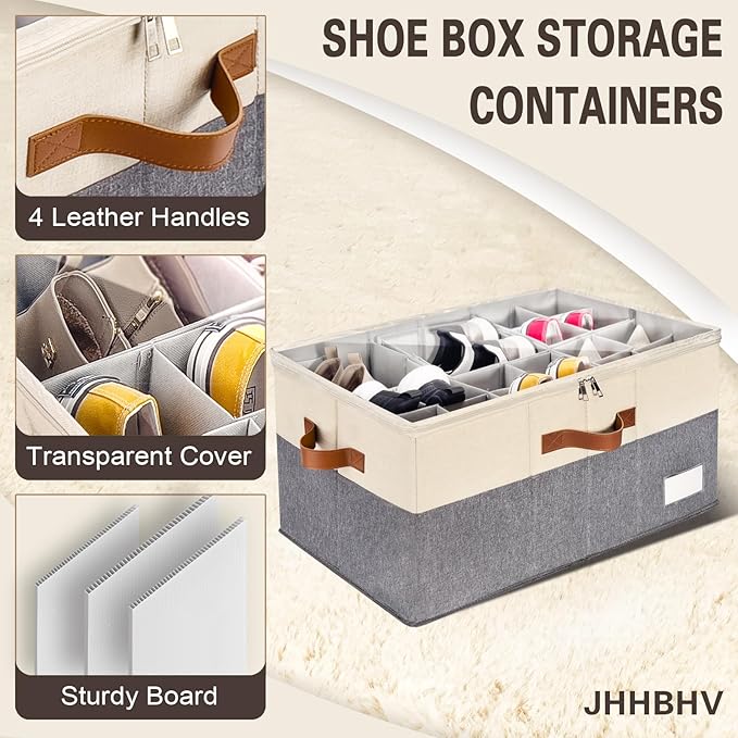 1 Pack Shoe Organizer for Closet, Adjustable Shoe Box Storage Containers, Large Foldable Shoe Bins with Clear Cover, Space Saving Shoes Holder with 4 Handles, Fits 12-24 Pairs, Beige