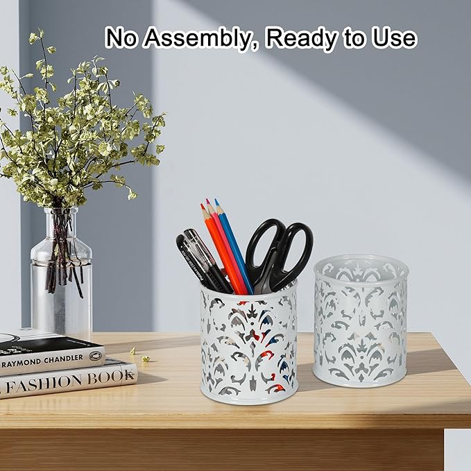 EasyPAG White Pen Holder for Desk 2 Pack Metal Pen Holder Organizer Pencil Cup Holder for Home, Office, Classroom, School