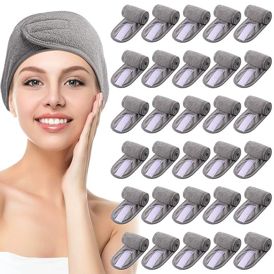 Hoteam 30 Pack Spa Headband Facial Esthetician Hair Wrap for Women Adjustable Makeup Sports Shower Stretch Towel with Tape(Gray)