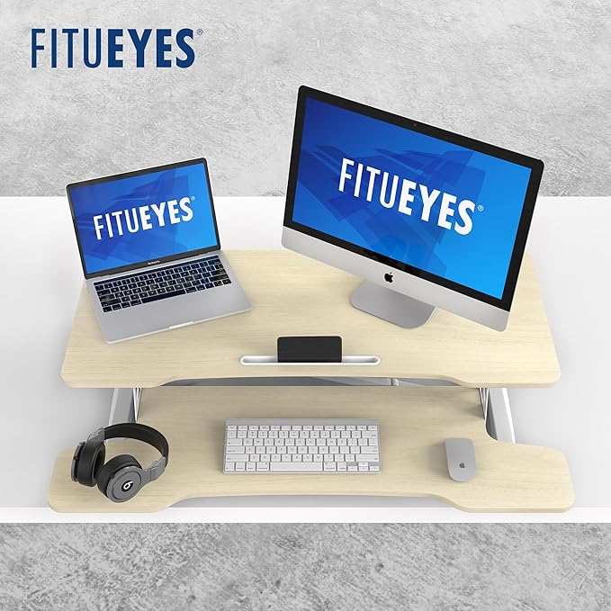 FITUEYES Height Adjustable Standing Desk 36” Wide Sit to Stand Converter Stand Up Desk Tabletop Workstation for Laptops Dual Monitor Riser Oak SD309104WO