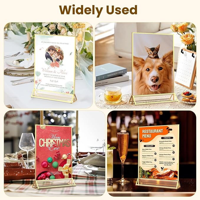 5X7 Acrylic Sign Holder Double-Sided Gold Frames Flyer Display Stand for Menu Wedding Table Number with Clear Sticky Dots - 6 Pack