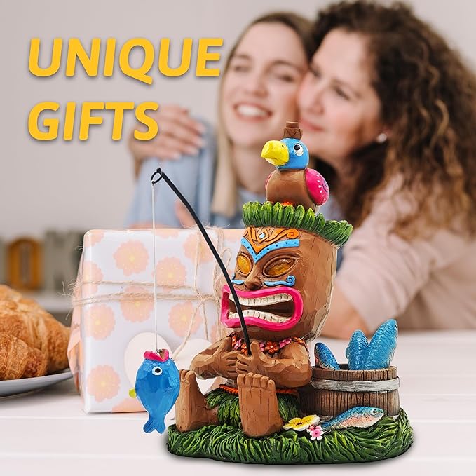 Solar Tiki Garden Statues: 8'' Funny Tiki Bar Decor with Solar Light Outside Decoration for Lawn Yard Patio Garden Gifts for Housewarming (Fishing)