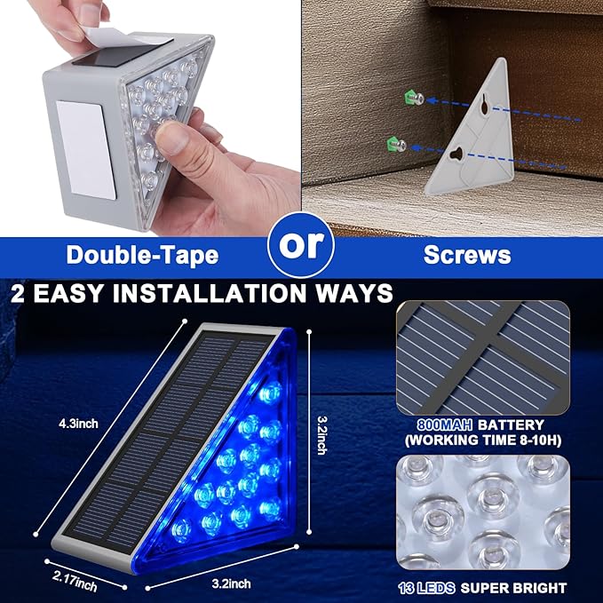 6 Pack Solar Stair Lights, Outdoor Step Lights with Waterproof IP67, Blue Color LED Solar Light for Outside Light Decor for Stair, Deck, Front Step, Front Porch, Patio and Backyard