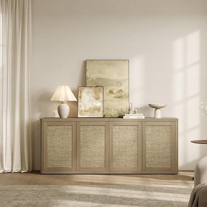 SICOTAS Rattan TV Stand for 65 70 inch TV - Large Entertainment Center TV Consoles for Living Room Bedroom, Farmhouse Television Stands with Storage Cabinet Boho Modular Media Console, Amber Oak