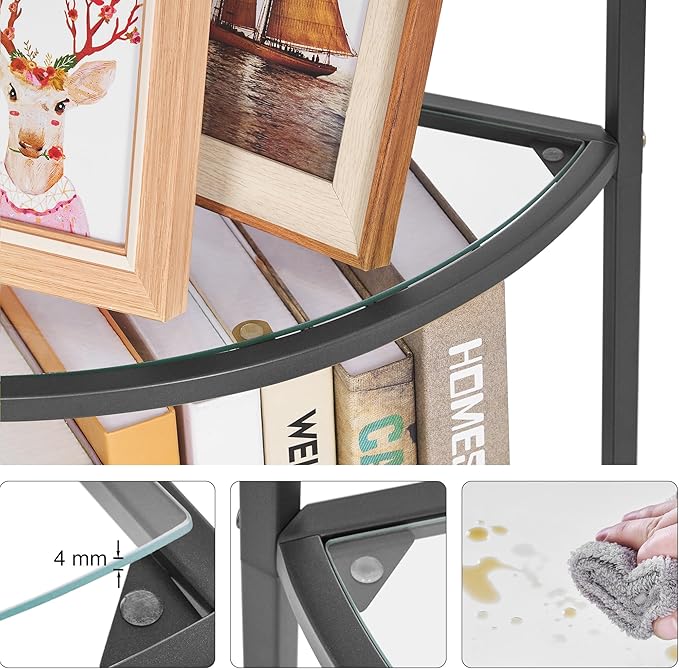 Homhedy 5-Tier Corner Shelf Stand, Metal Corner Bookshelf, Tempered Glass Shelves, Bathroom Storage Rack Shelf, Plant Stand, Modern Style, Black