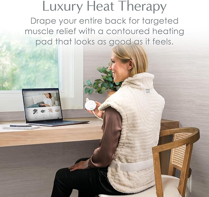 Pure Enrichment PureRadiance Back & Neck Luxury Heating Pad for Pain Relief, Patented Design, Soft Faux Fur & Micromink, 6 Heat Settings, Machine Washable, Universal Fit, 31.5” x 24” (Golden Sands)