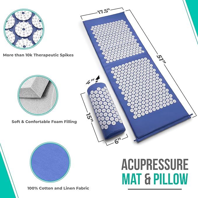 Sivan Health and Fitness Acupressure Mat and Pillow Set - Grounding Mat for Stress, Back & Neck Pain - Acupuncture Point Massage Mat for Muscle Relaxation, Sciatica, & Meditation - Includes Carry Bag