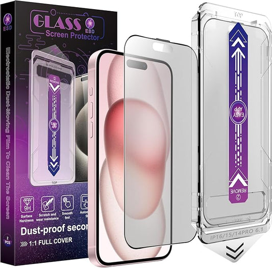 2 Pack Matte Screen Protector for iPhone 14 Pro/iPhone 15 / iPhone 16,9H Tempered Glass,Full Coverage,Anti-Fingerprint,Auto Dust-Elimination,No Bubble,Easy Installation