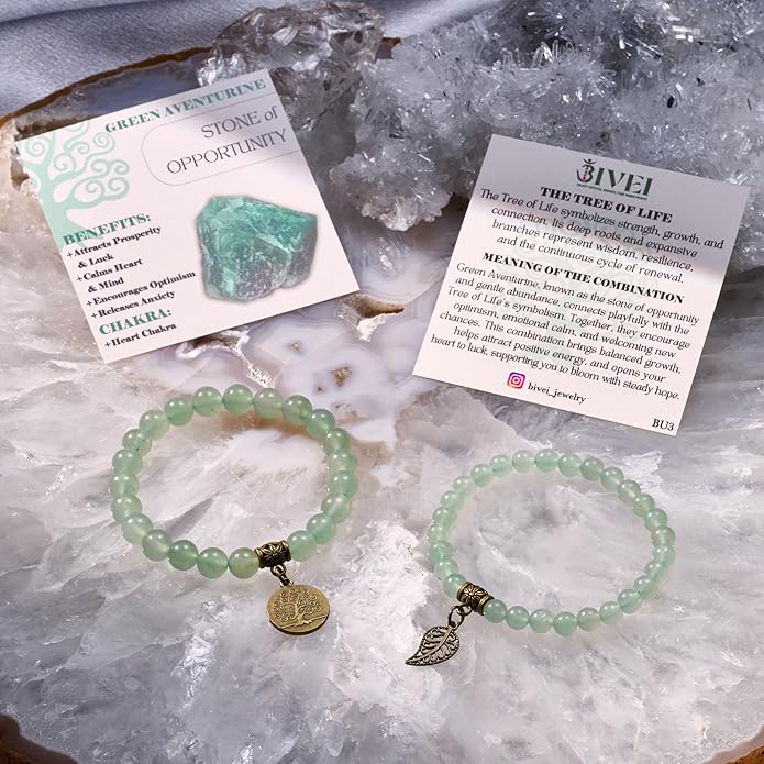 Bivei Natural Semi Precious Gemstone beads bracelet for women - Life Tree and Leaf Charm Energy Reiki Crystal Stretch Bracelets