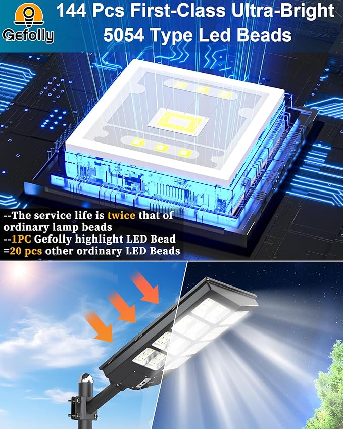 Gefolly SL-3800W Solar Street Light Outdoor 380000LM Wide Angle Commercial Parking Lot Lights Dusk to Dawn 6500K Flood Security Light IP67 Lamp for Basketball Court, Yard, Road