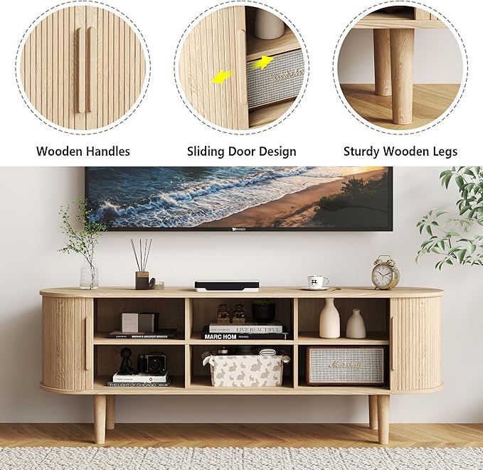 TV Stand, Media Console Table with Sliding Door and Storage Compartment, Modern Entertainment Center with Storage for Living Room, Bedroom, Home Office (Natural)