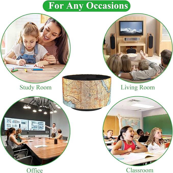 Hennaja Round Leather Art Supply Organizer,Remote Control Holder,360 Degree Rotating,Multi-Functional Pencil Holder,4 Compartments Desktop Stationary Organizer(1-Vintage Map)