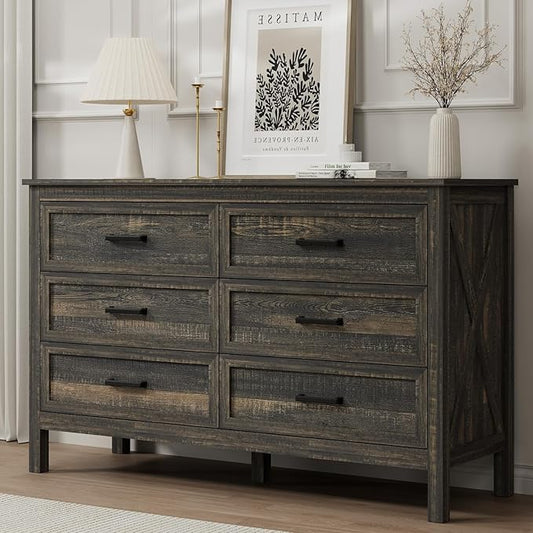 LYNSOM Farmhouse 6 Drawers Dresser for Bedroom, Wood Rustic Wide Chest of Drawers with Deep Drawers, Metal Handle, Storage Dressers Organizer for Living Room, Entryway, Dark Rustic Oak