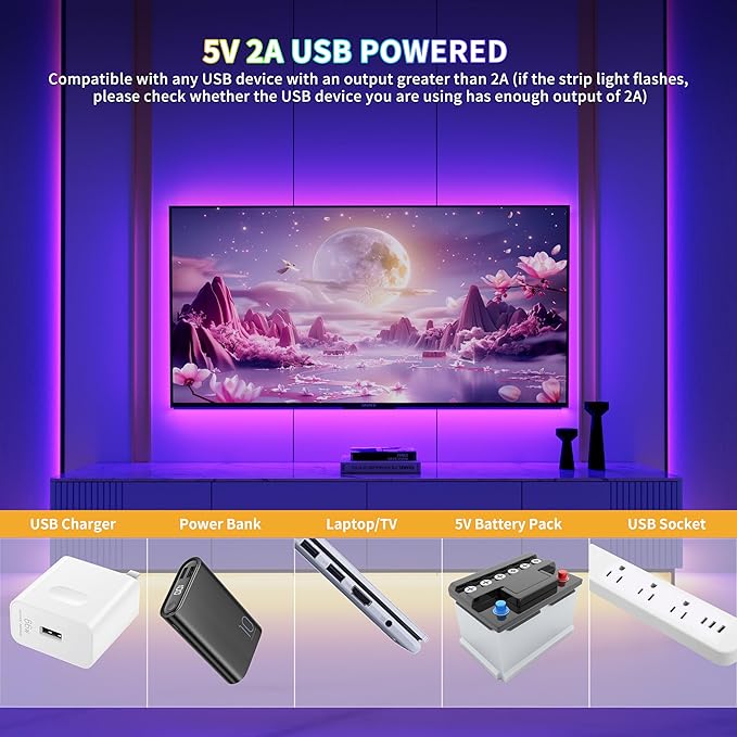 PAUTIX 5V USB COB RGB LED Strip Light 9.84ft/3m Color Changing Light Strips,TV Backlight Multicolor Flexible Under Cabinet Tape Lights with Bluetooth Control for Bedroom,Kitchen,Home DIY Lighting