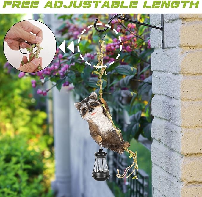 Joliyoou 1 Pack Solar Light Outdoor Statues, 6.5"H Resin Raccoon Climbing On A 23.6"L Vine with LED Lantern, Waterproof Hanging Animal Figurine with Hook for Yard Garden Wall Balcony Tree Decoration