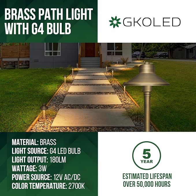 GKOLED Solid Brass Landscape Path Lights (5" Shade, 20" Tall), Low Voltage LED 3W 12-24V China Hat Path Lighting, Outdoor Waterproof Walkway Light, 2700K Warm White, with Stake and G4 Bulb, 12 Pack