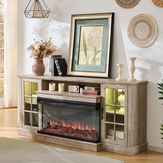 ROCKPOINT 3 Sided Glass 70" Fireplace TV Stand for TVs up to 80inch, Media Entertainment Center with Glass Door Storage Cabinet,36" Electric Fireplace with LED Light and Flame Colors,Grey