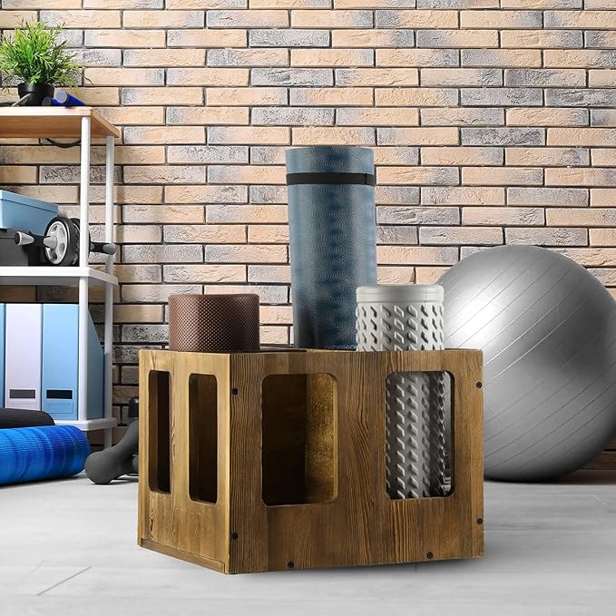 MyGift 4-Slot Vintage Brown Wood Foam Roller Storage Organizer, Wall Mounted or Floor Standing Holder Rack for Yoga Mats and Gym Accessories