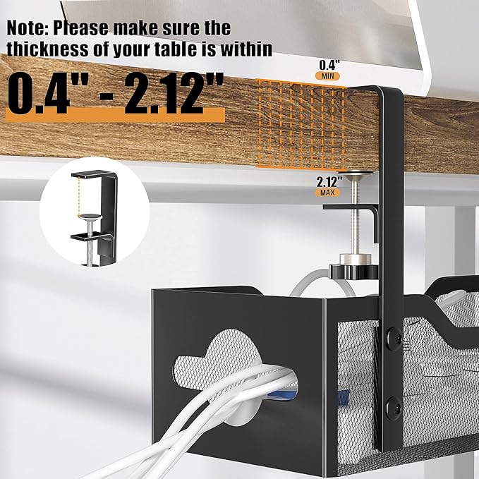 Under Desk Cable Management Tray 13.38", Quszmd Cable Organizer No Drill, Standing Cord Organizer and Wire Management Tray - No Damage to Desk, Black