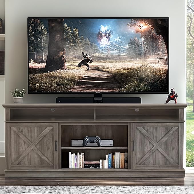 Fireplace TV Stand with Double Barn Doors and Storage Cabinets, Farmhouse Entertainment Center for TVs up to 80", Mid Century Modern Media TV Console Table for Living Room Bedroom(Gray)