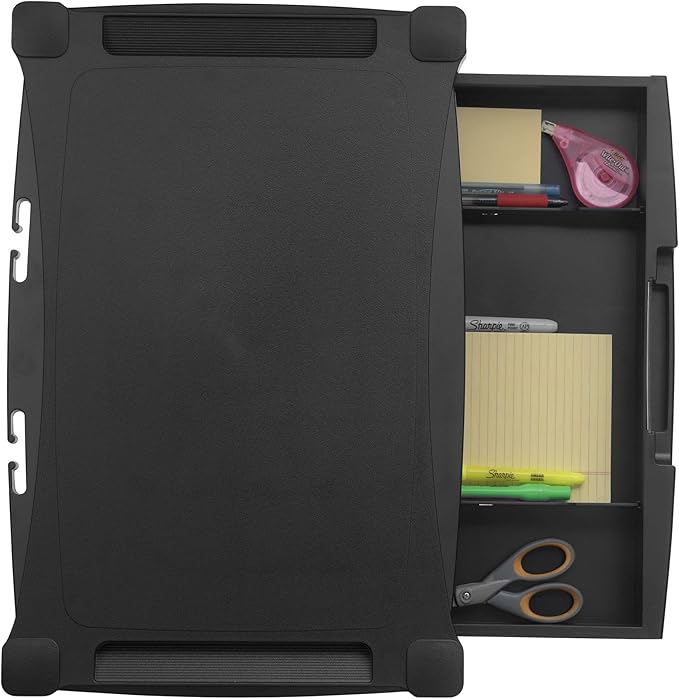 Kantek Wide Deluxe Two-Level Monitor Stand With Drawer, 20" X 13.25" X 3" To 6.5", Black, Supports 50 Lbs