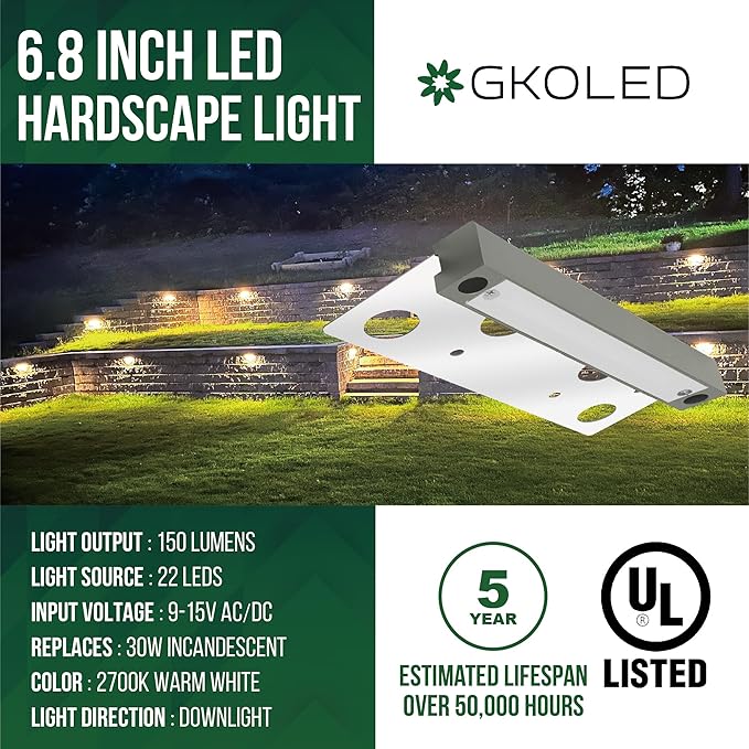 GKOLED 6.8 Inches Low Voltage Hardscape Light with Frosted Lens, 12V AC/DC Retaining Wall Lighting, 4W 2700K Paver Wall Lights, Outdoor Step Lights, Die-cast Aluminum Housing, Gray, UL Listed