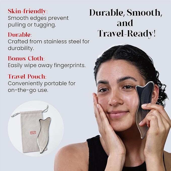 Rena Chris Stainless Steel Gua Sha Facial Tools - Acupressure & Gua Sha for Face Massage, Jawline Sculpting, Puffiness Reduction, Skin Care Tool (Silver)
