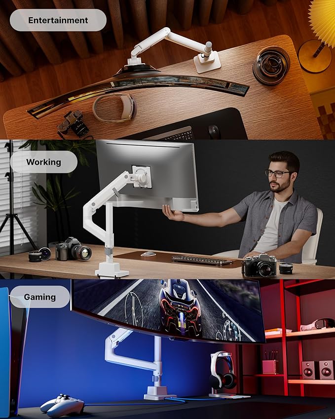 monTEK Heavy-Duty Single Monitor Arm for 17-57 inch, up to 59.4lbs Ultrawide Screens,Gas Spring Dual Curved Adjustable Monitor Stand for Desk,75/100mm VESA Mount with USB，White