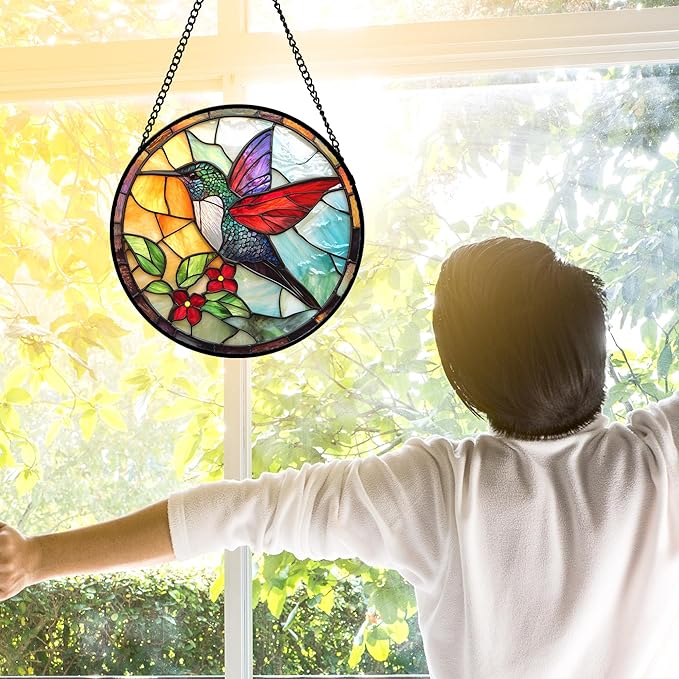 Stained Glass Window Hanging, Hummingbird Gifts Sun Catchers Diamond Glass Panel Hangings Birds Suncatcher Decor for Birthday for Women, Men, Wife, Aunt,and Mom 7.8X7.8IN