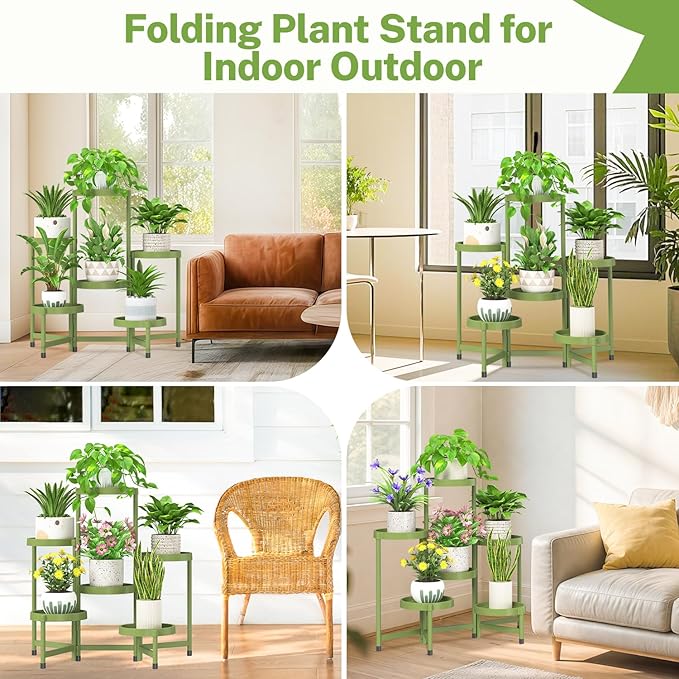 iDavosic.ly 6 Tier Folding Plant Stand Indoor Outdoor with Plastic Tray, Tiered Corner Flower Holder Shelf, Metal Orchid Display Rack for Patio Porch Living Room Garden Balcony, Green