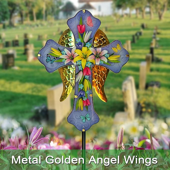 Solar Cross Garden Stake Lights for Outdoor Garden,Cemetery,and Yard Decor,Angel Wings Cross Solar Christmas Lights Outdoor,Memorial Gifts Lily
