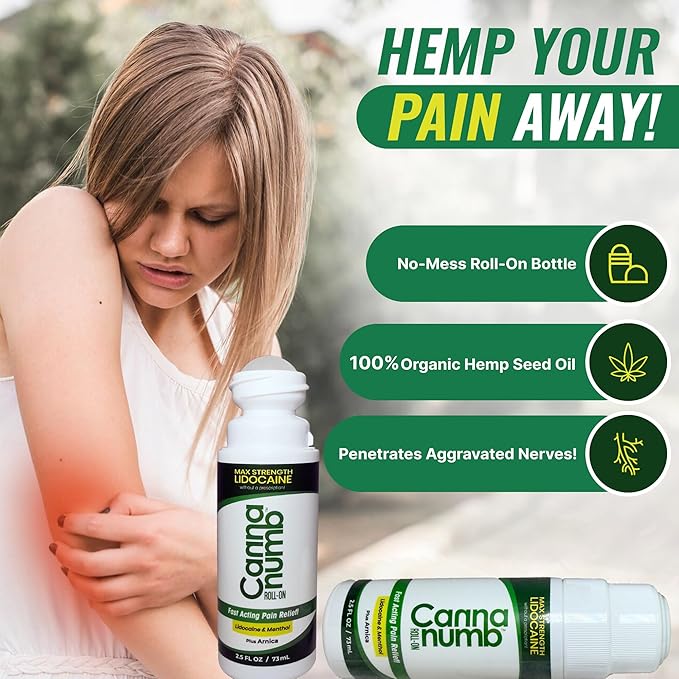 Hemp Oil Pain Relief Roll-On with Lidocaine | Fast Acting Pain Relief with Arnica + Boswellia + Menthol - Ideal for Arthritis, Sciatica, Strained Muscles, Joints, Backache & Bruises, 2.5oz