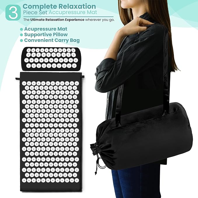 Sivan Back and Neck Pain Relief Acupressure Mat and Pillow Set, Chronic Back Pain Treatment - Relieves Your Stress of Lower Upper Back and Sciatic Pain - Black