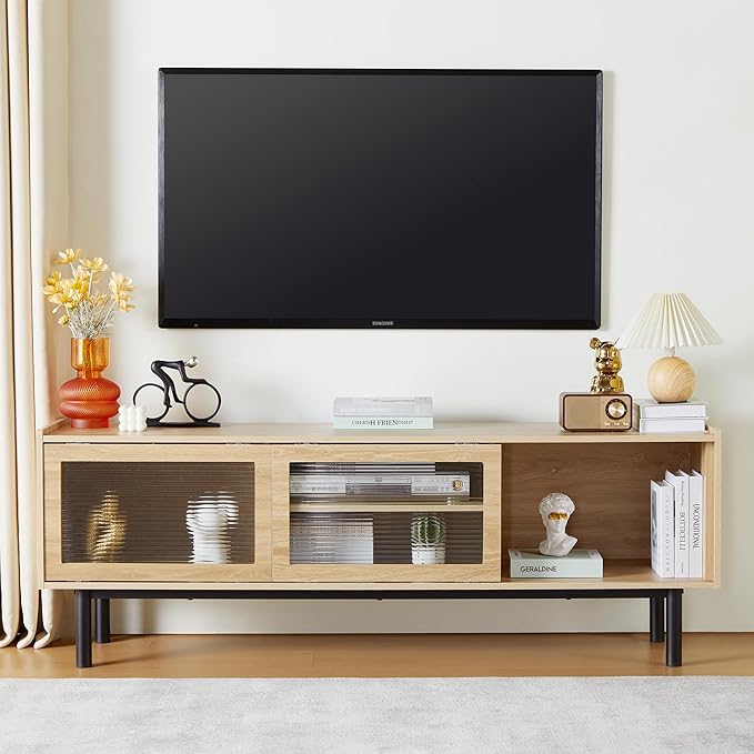 TV Stand, Modern TV Stand Up to 70 Inch TV, Entertainment Centre with Glass Sliding Door and Adjustable Shelves, TV Console Table for Living Room and Bedroom (Natural)