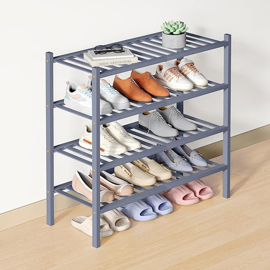 Smiry Bamboo Shoe Rack for Closet, 4 Tier Wooden Stackable Shoe Organizer, Free Standing Shoes Storage Shelf for Entryway, Front Door Entrance, Grey