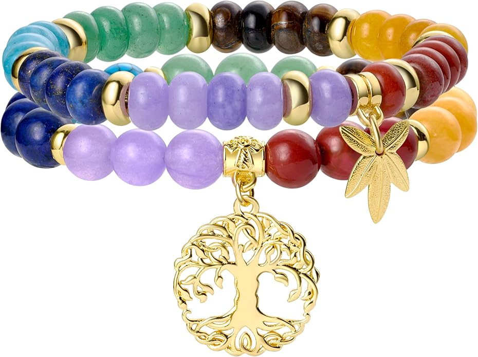 Bivei Natural Semi Precious Gemstone beads bracelet for women - Life Tree and Leaf Charm Energy Reiki Crystal Stretch Bracelets