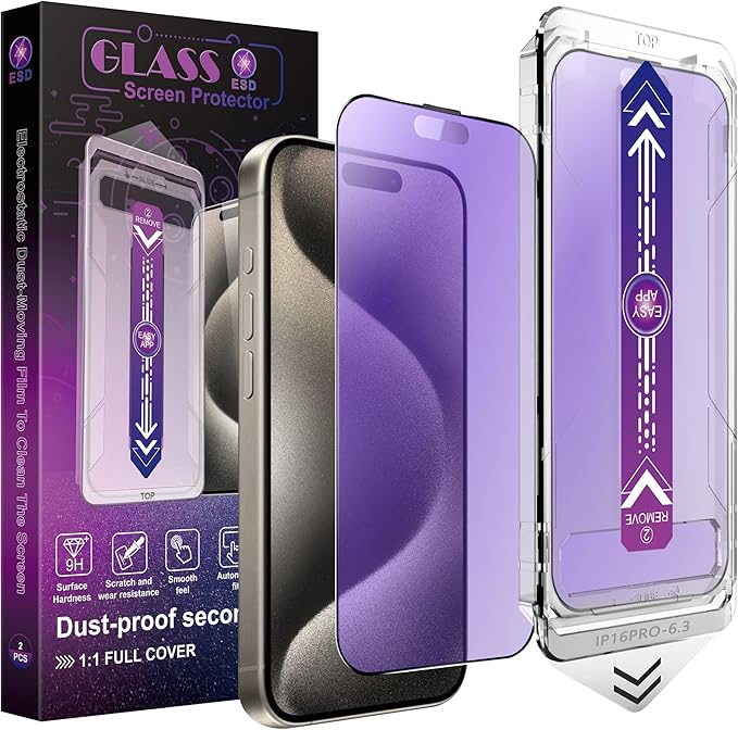 2 Pack Anti Blue Light Matte Screen Protector for iPhone 16 Pro, 9H Tempered Glass, Full Coverage, Anti-Fingerprint, Auto Dust-Elimination, No Bubble, Easy Installation