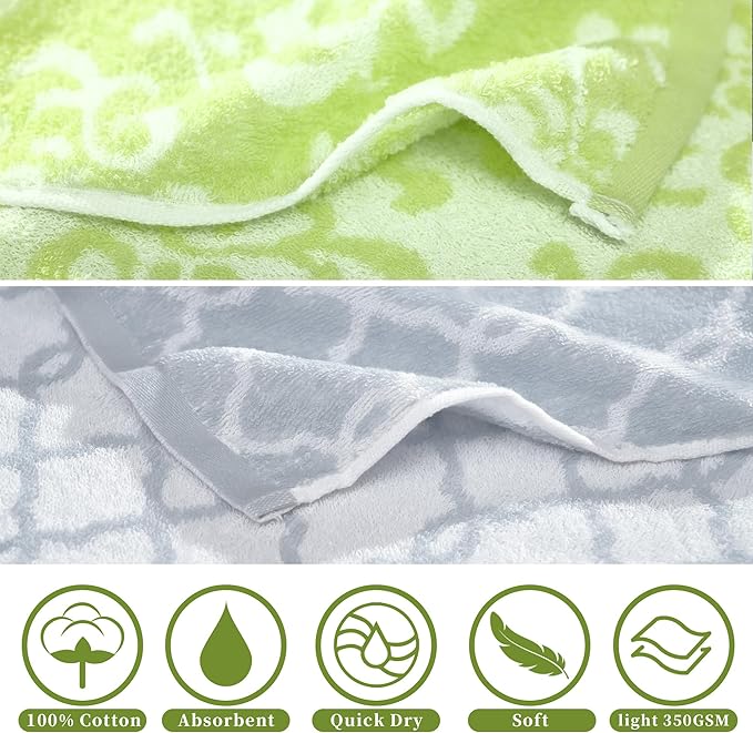 Workout Towels for Gym (2PC, 14"x31") - 100% Cotton, Breathable, Soft & Absorb - Sweat Towel for Men & Women, Sports Towel for Yoga, Tennis, Running, Exercise & Fitness, Green Damask+Gray Checkered