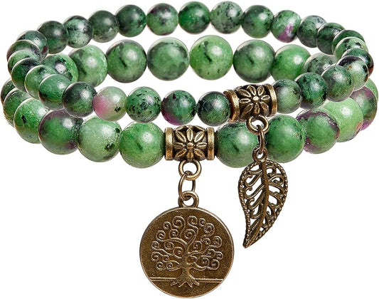 Bivei Natural Semi Precious Gemstone beads bracelet for women - Life Tree and Leaf Charm Energy Reiki Crystal Stretch Bracelets