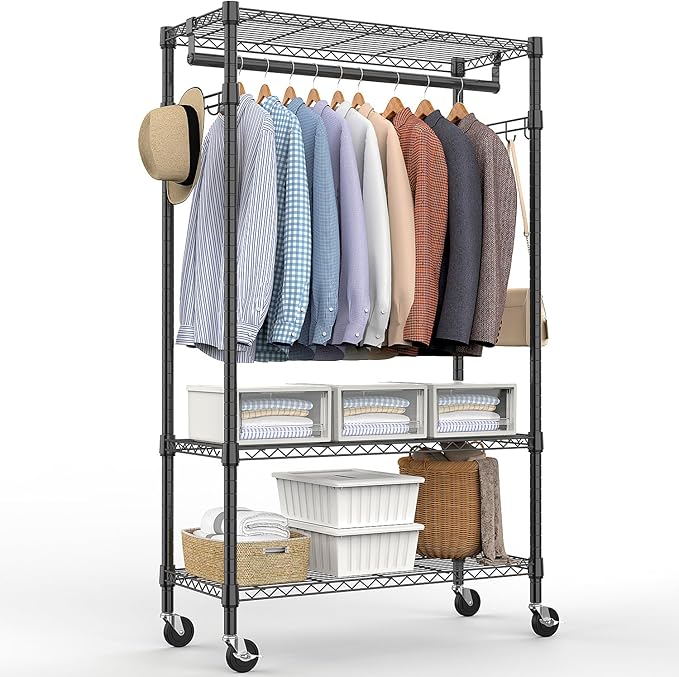 Heavy Duty Rolling Garment Rack 3 Tiers Adjustable Wire Shelving Clothes Rack with Rods and Side Hooks,Storage Closet Clothing Rack with Wheels Black 15.7" D x 29.5" W x 74.5" H